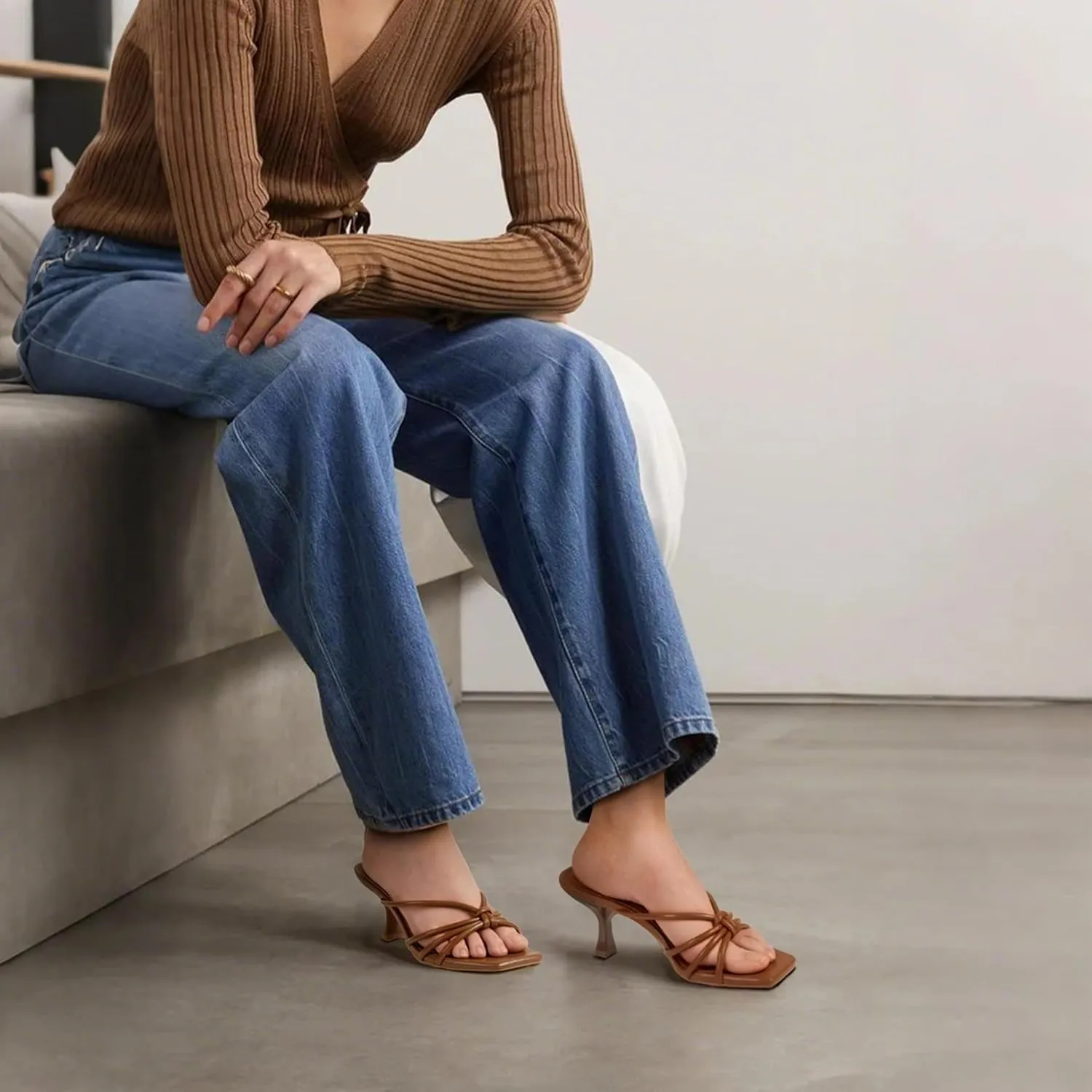 Women's Strappy Square Open Toe Kitten Heels Sandals Knotted Design Summer Fashion Slip On Mule Style