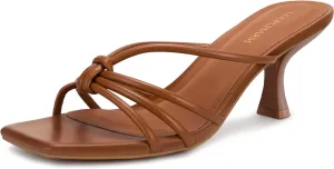 Women's Strappy Square Open Toe Kitten Heels Sandals Knotted Design Summer Fashion Slip On Mule Style