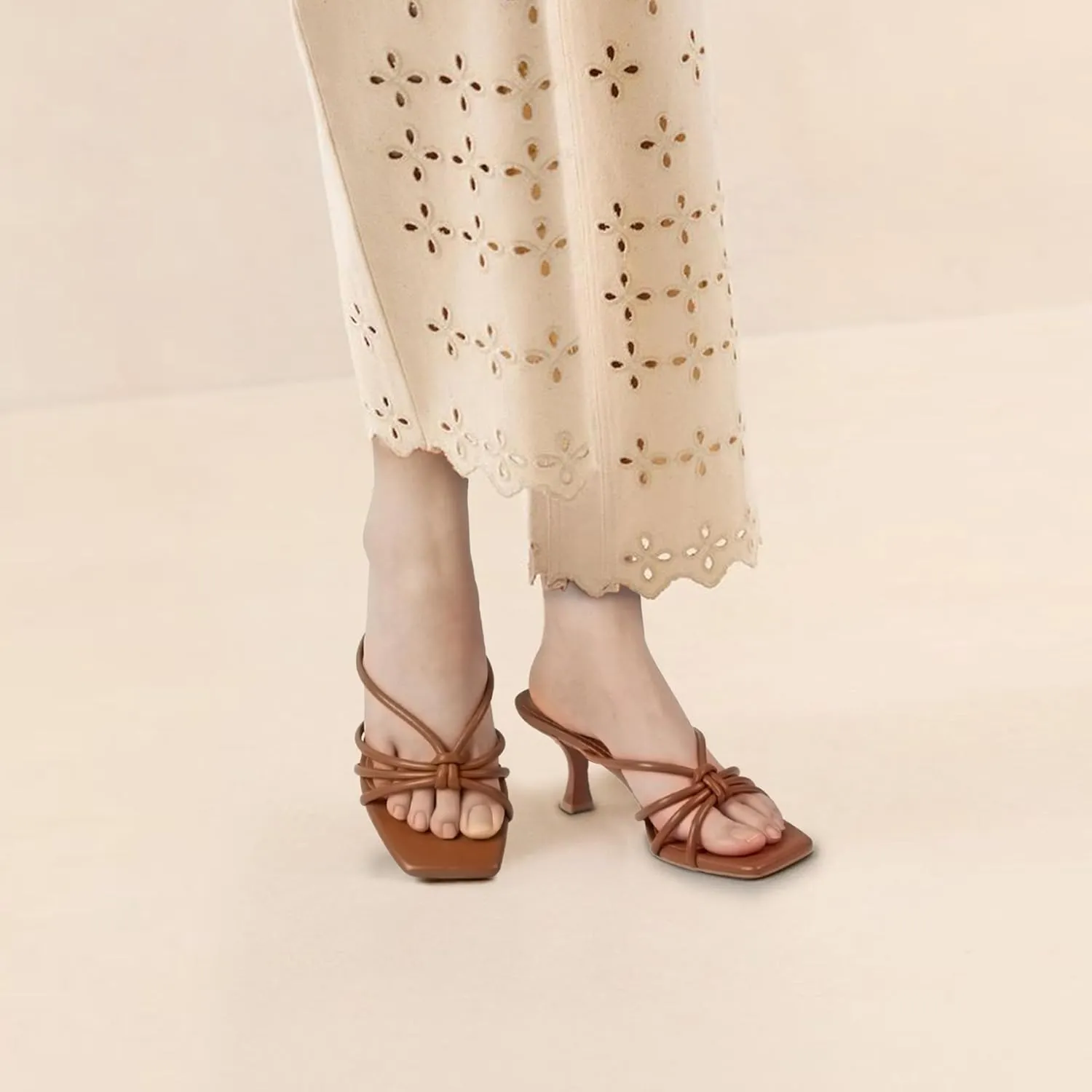 Women's Strappy Square Open Toe Kitten Heels Sandals Knotted Design Summer Fashion Slip On Mule Style
