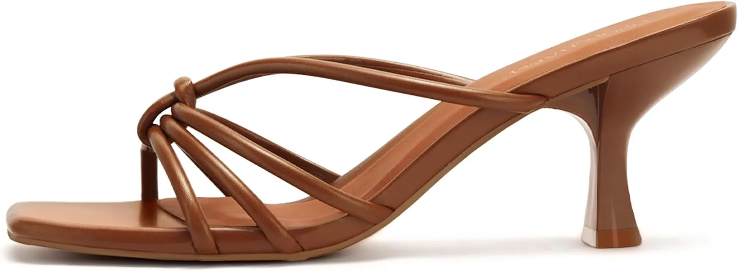 Women's Strappy Square Open Toe Kitten Heels Sandals Knotted Design Summer Fashion Slip On Mule Style