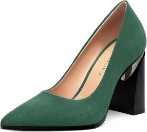 Women's Suede Chunky Block high Heels Comfortable Closed Pointed Toe Slip On Pumps Dinner Wedding Party Office Shoes 3.5 inch