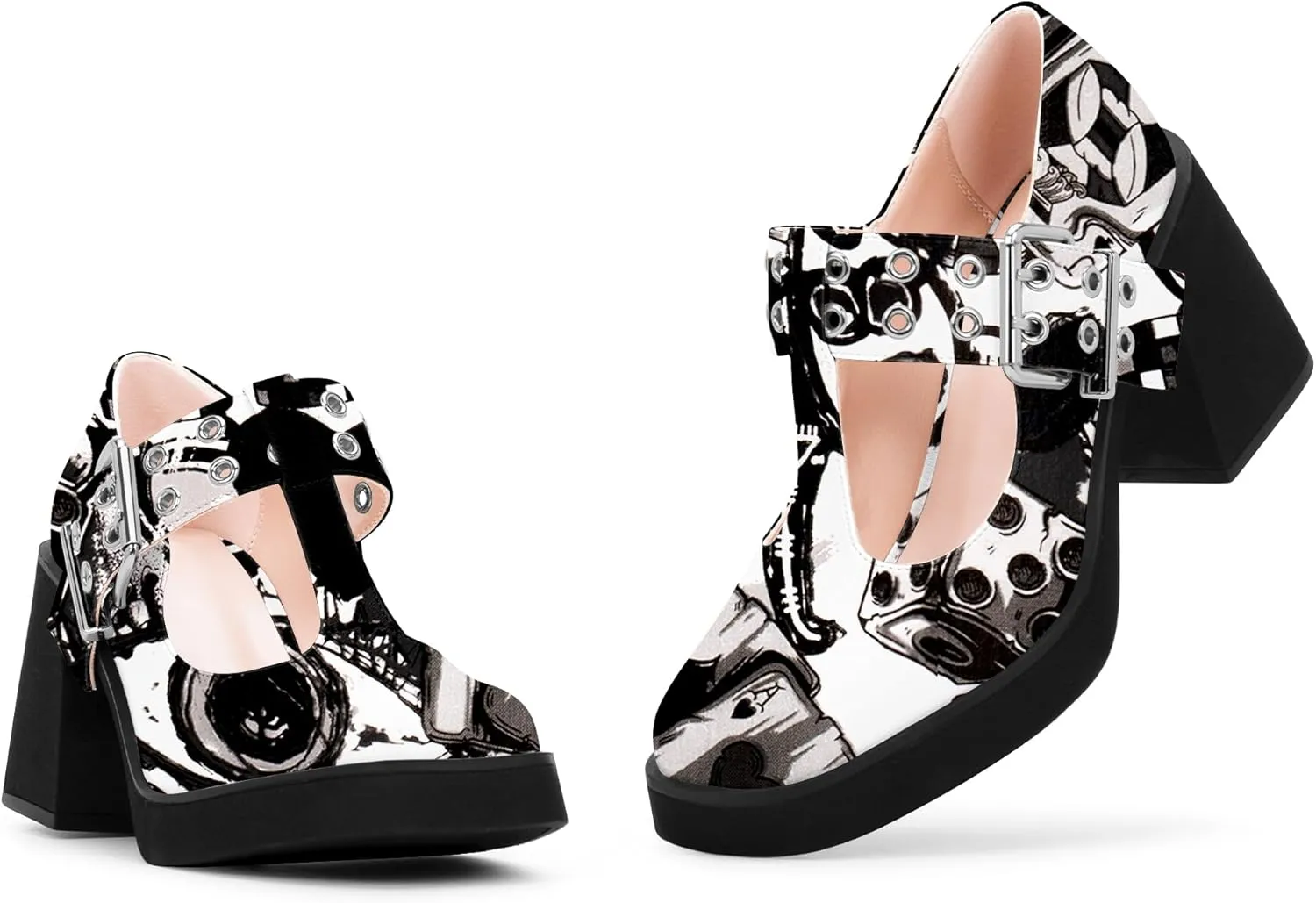Women's T-Strap Platform Block Heel Mary Janes Pumps Square Toe Buckle Punk Dress Shoes