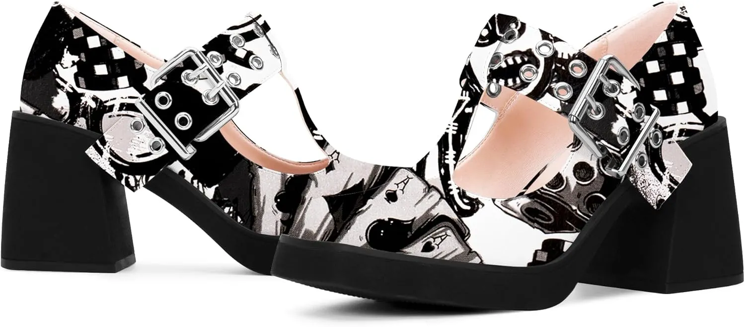 Women's T-Strap Platform Block Heel Mary Janes Pumps Square Toe Buckle Punk Dress Shoes