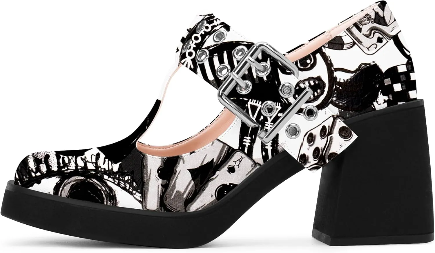 Women's T-Strap Platform Block Heel Mary Janes Pumps Square Toe Buckle Punk Dress Shoes