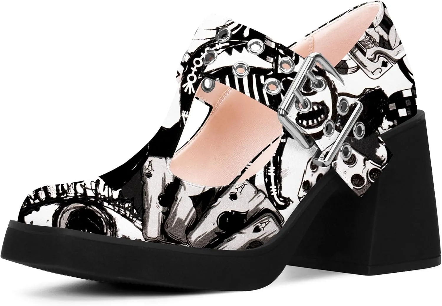 Women's T-Strap Platform Block Heel Mary Janes Pumps Square Toe Buckle Punk Dress Shoes