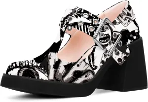 Women's T-Strap Platform Block Heel Mary Janes Pumps Square Toe Buckle Punk Dress Shoes