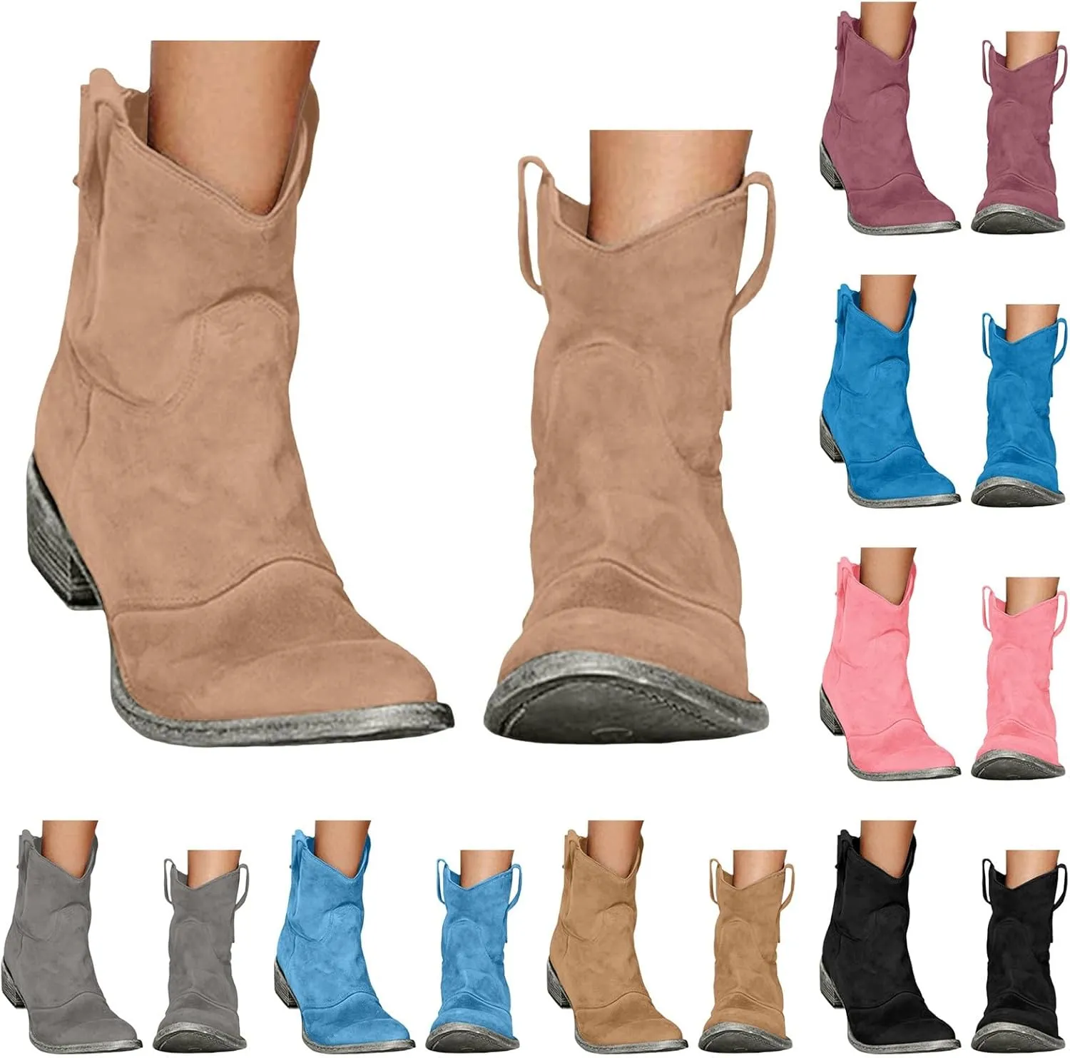 Women's Western Cowboy Ankle Boots Low Heel Mid Calf Boots Slip On Round Toe Chunky Heel Fashion Retro Classic Boots Suede Back Zipper Fall Short Ankle Booties