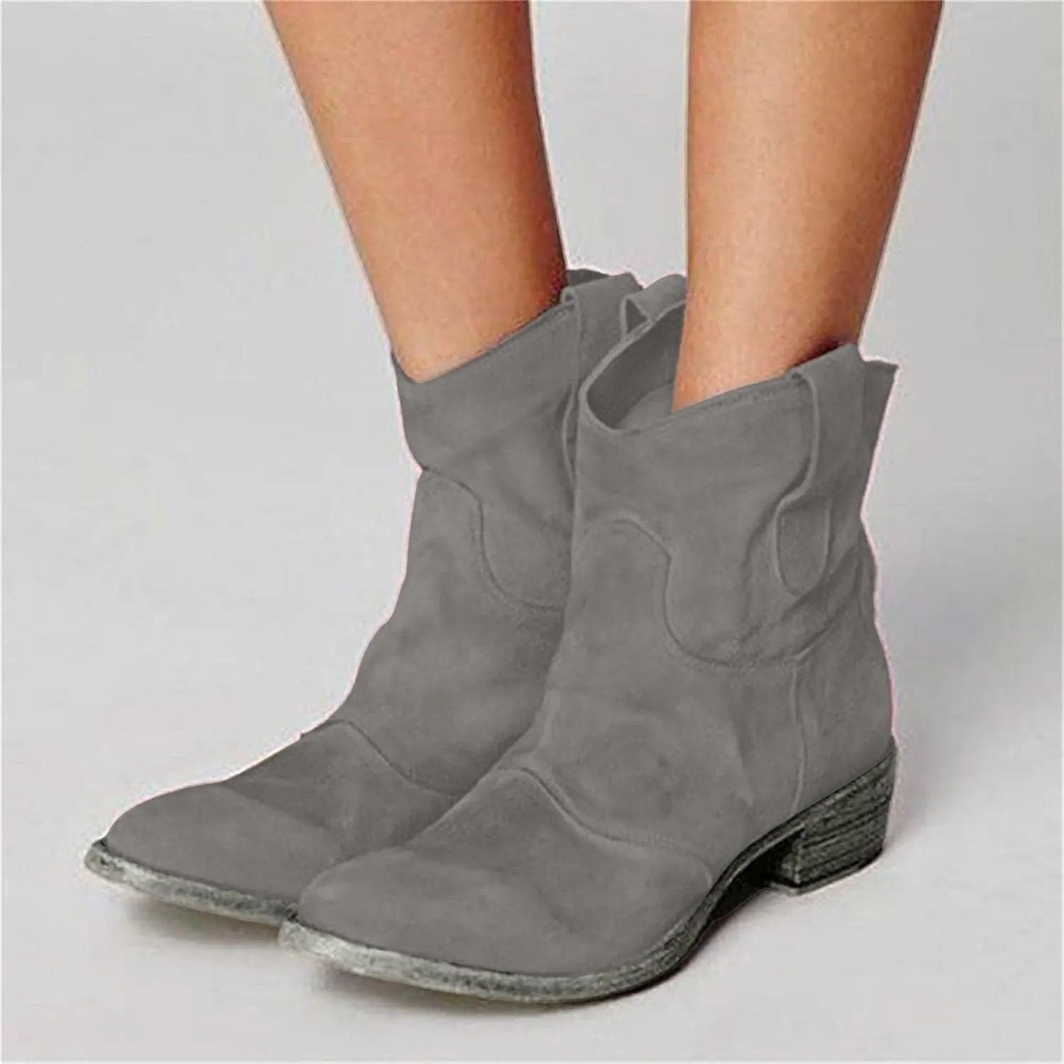 Women's Western Cowboy Ankle Boots Low Heel Mid Calf Boots Slip On Round Toe Chunky Heel Fashion Retro Classic Boots Suede Back Zipper Fall Short Ankle Booties