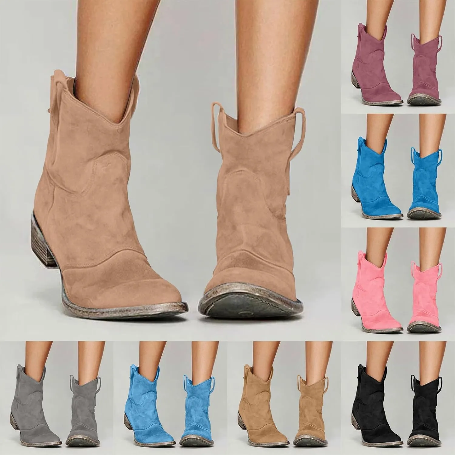 Women's Western Cowboy Ankle Boots Low Heel Mid Calf Boots Slip On Round Toe Chunky Heel Fashion Retro Classic Boots Suede Back Zipper Fall Short Ankle Booties
