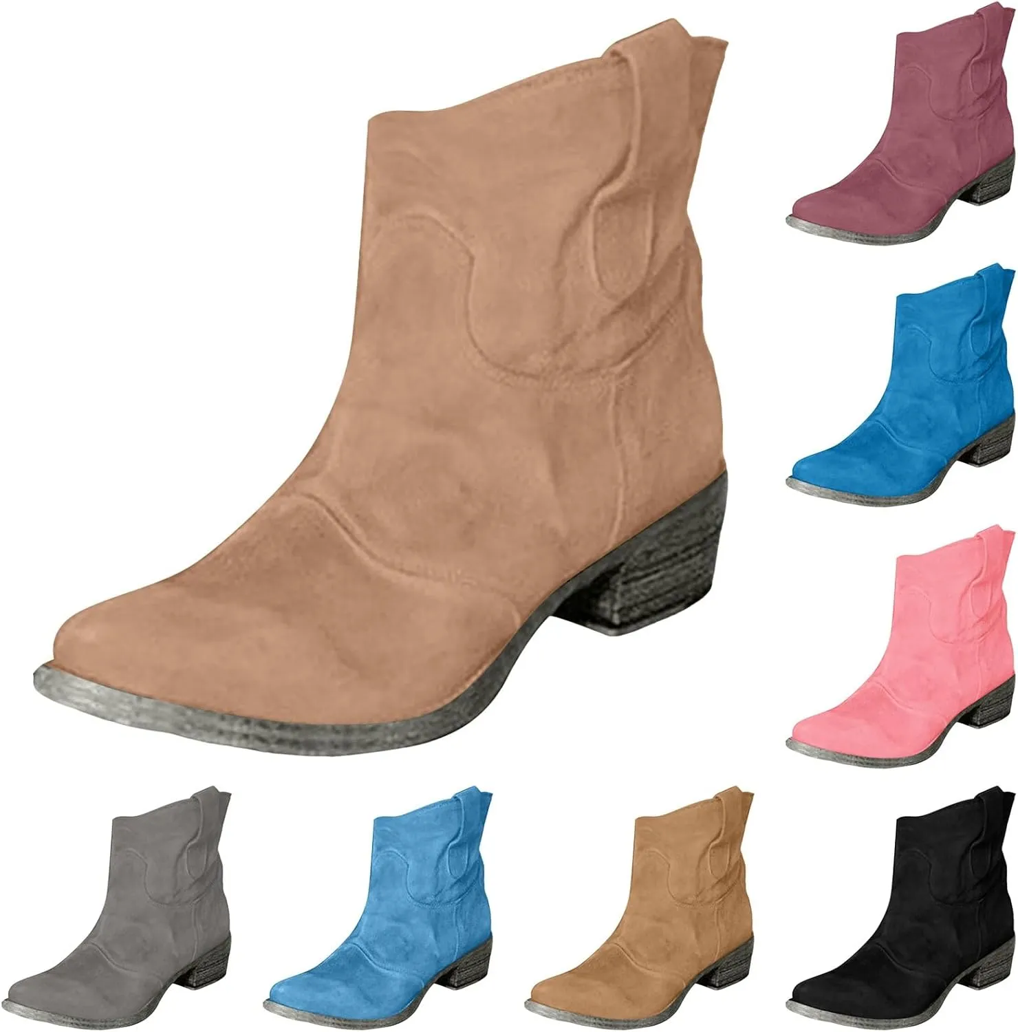 Women's Western Cowboy Ankle Boots Low Heel Mid Calf Boots Slip On Round Toe Chunky Heel Fashion Retro Classic Boots Suede Back Zipper Fall Short Ankle Booties