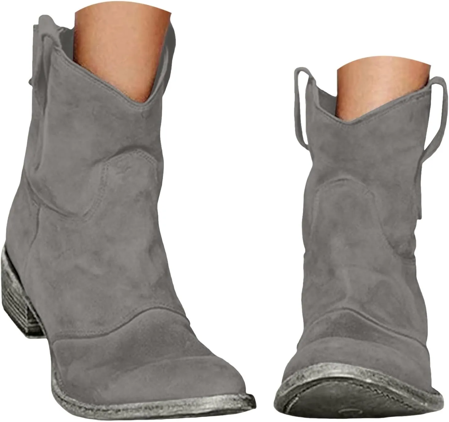 Women's Western Cowboy Ankle Boots Low Heel Mid Calf Boots Slip On Round Toe Chunky Heel Fashion Retro Classic Boots Suede Back Zipper Fall Short Ankle Booties