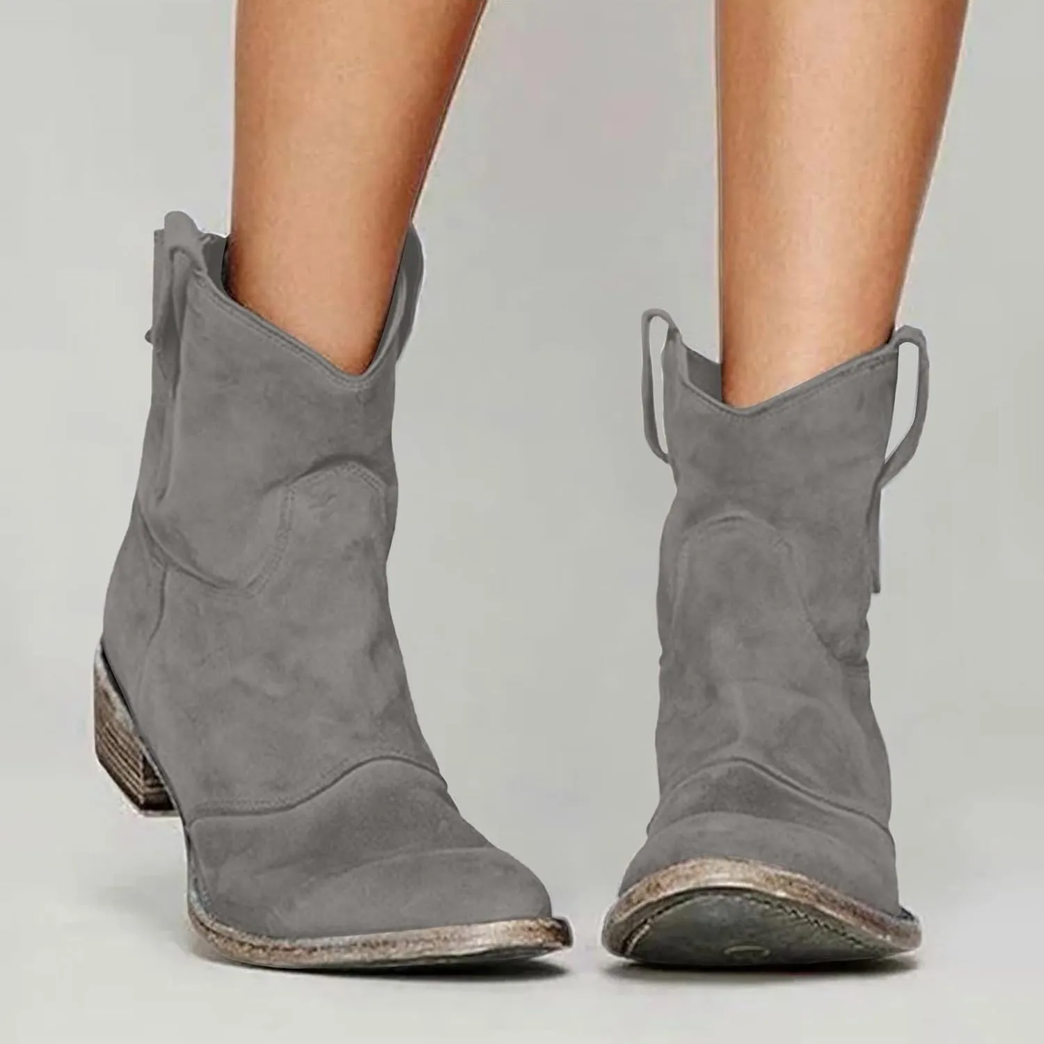 Women's Western Cowboy Ankle Boots Low Heel Mid Calf Boots Slip On Round Toe Chunky Heel Fashion Retro Classic Boots Suede Back Zipper Fall Short Ankle Booties