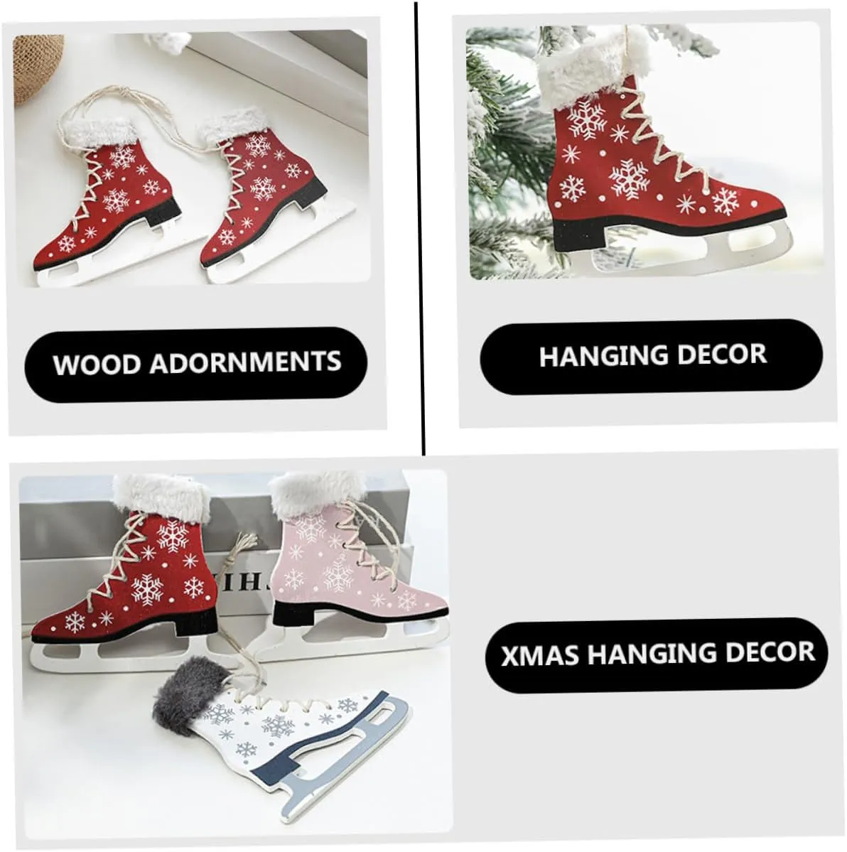Wooden Christmas Boot and Ice Skate Ornaments 2pcs Boot Christmas to Hang for Shopping Mall Window Display Decor