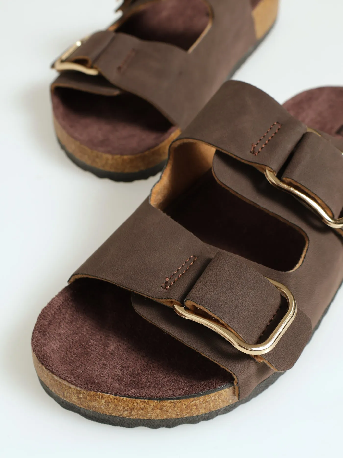 X-Flat Double Strap Buckle Push In Mule Sandal - Chocolate