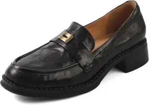 XIEDA Women's Genuine Lambskin Leather Loafers Low Chunky Heel Slip on Comfortable Office Work Shoes
