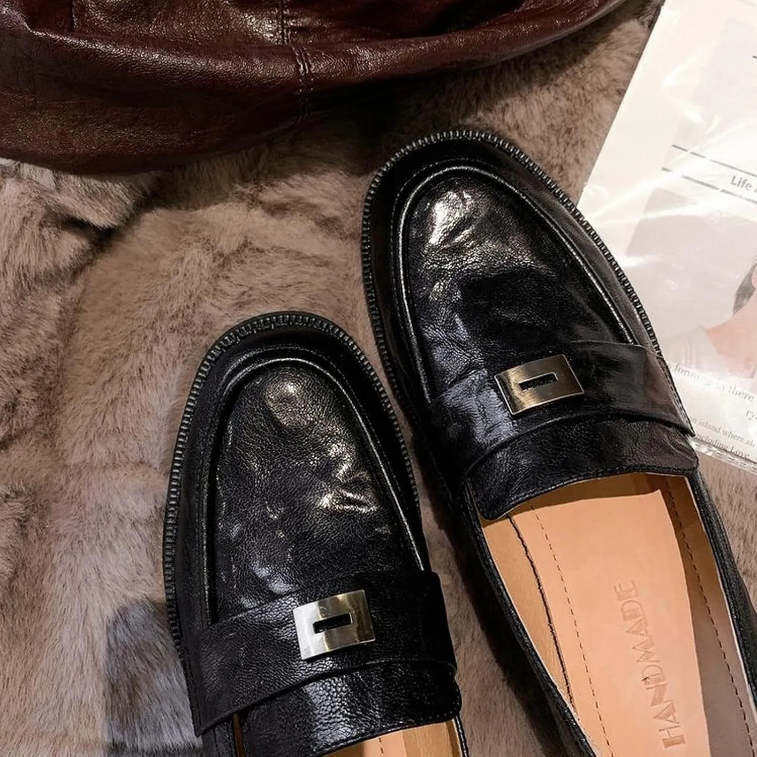 XIEDA Women's Genuine Lambskin Leather Loafers Low Chunky Heel Slip on Comfortable Office Work Shoes