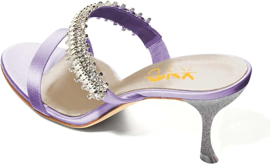 XYD Open Round Toe Slides Dress Crystal Mules Pumps for Women Summer Party Prom Rhinestone Double Straps Slip on Sandals Shoes
