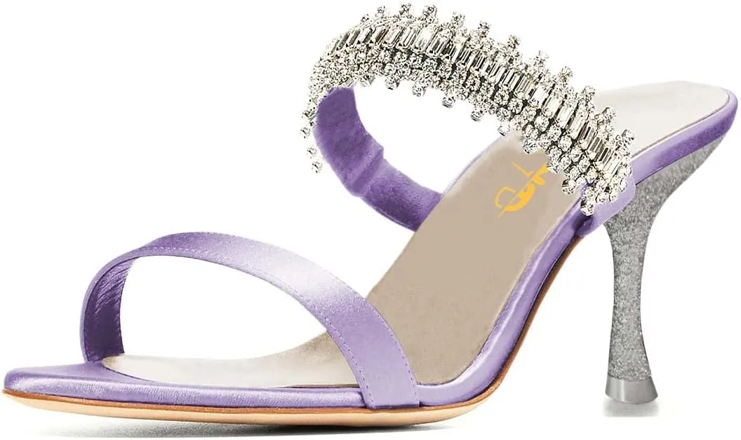 XYD Open Round Toe Slides Dress Crystal Mules Pumps for Women Summer Party Prom Rhinestone Double Straps Slip on Sandals Shoes