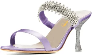 XYD Open Round Toe Slides Dress Crystal Mules Pumps for Women Summer Party Prom Rhinestone Double Straps Slip on Sandals Shoes