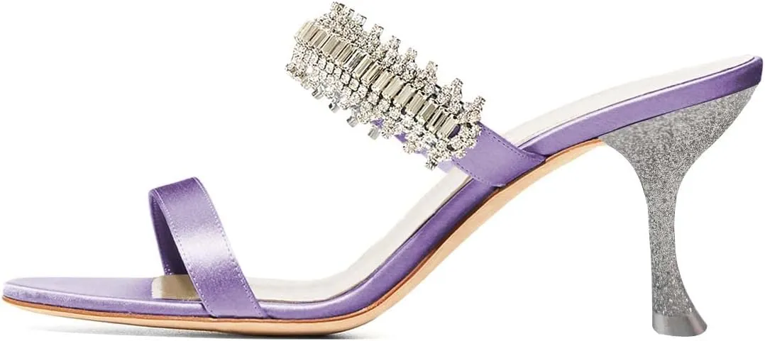 XYD Open Round Toe Slides Dress Crystal Mules Pumps for Women Summer Party Prom Rhinestone Double Straps Slip on Sandals Shoes