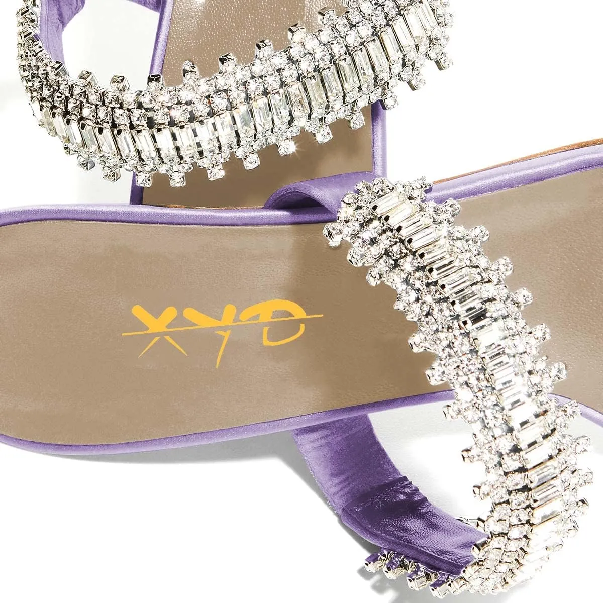 XYD Open Round Toe Slides Dress Crystal Mules Pumps for Women Summer Party Prom Rhinestone Double Straps Slip on Sandals Shoes