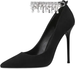 XYD Pointed Toe Rhinestone Ankle Strap Silk Pumps for Women Pure Little Pearl Fringe Pull On Buckle Wedding Stiletto Heels Dress Chic Feast Party Shoes