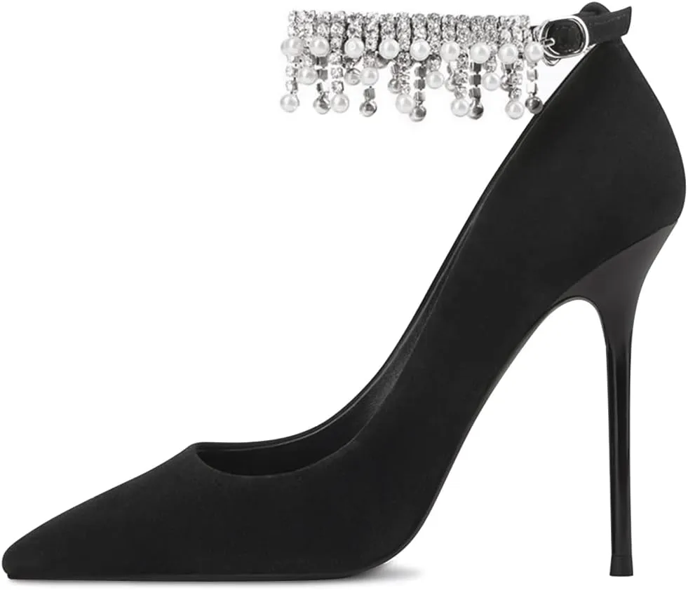 XYD Pointed Toe Rhinestone Ankle Strap Silk Pumps for Women Pure Little Pearl Fringe Pull On Buckle Wedding Stiletto Heels Dress Chic Feast Party Shoes