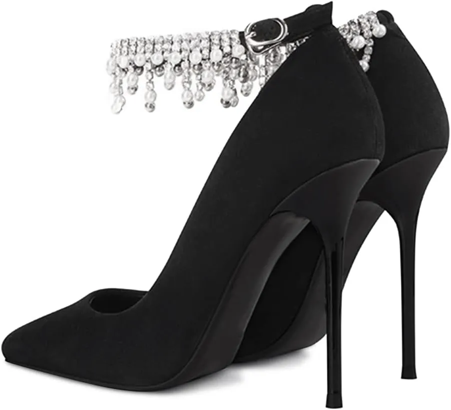 XYD Pointed Toe Rhinestone Ankle Strap Silk Pumps for Women Pure Little Pearl Fringe Pull On Buckle Wedding Stiletto Heels Dress Chic Feast Party Shoes