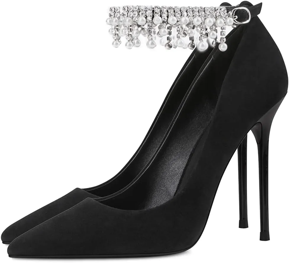 XYD Pointed Toe Rhinestone Ankle Strap Silk Pumps for Women Pure Little Pearl Fringe Pull On Buckle Wedding Stiletto Heels Dress Chic Feast Party Shoes