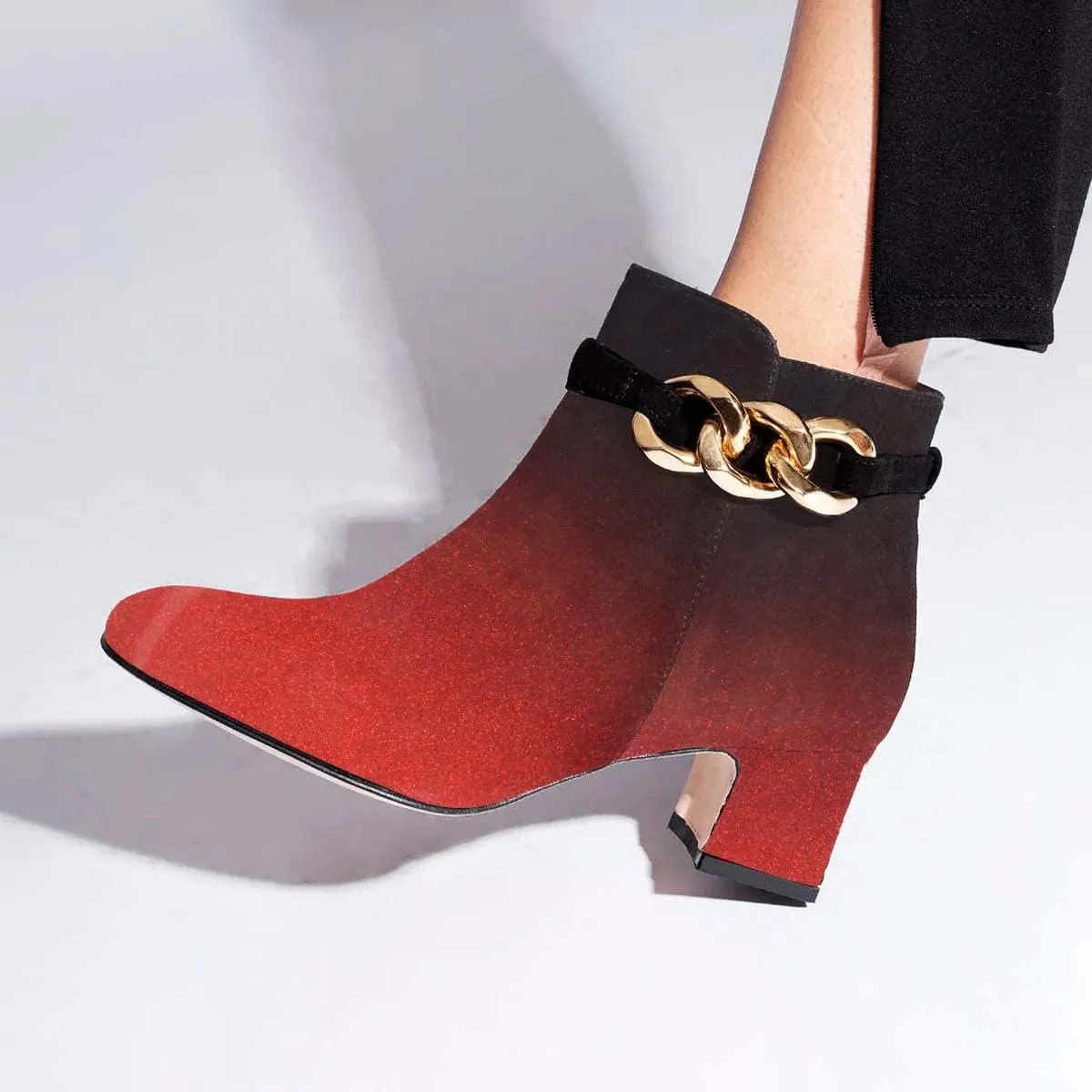 XYD Women Chic Golden Chain Ankle Boots, Mid Low Chunky Block Heel, Closed Round Toe Side Zipper Short Bootie, Casual Daily Winter Shoes for Lady