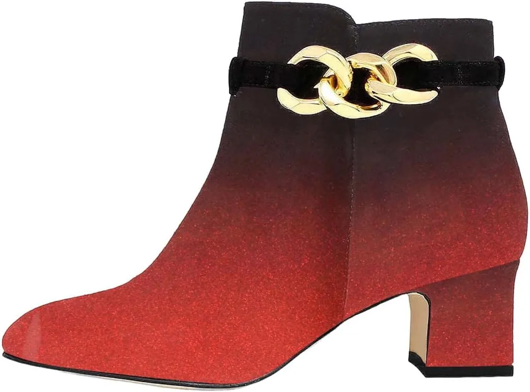 XYD Women Chic Golden Chain Ankle Boots, Mid Low Chunky Block Heel, Closed Round Toe Side Zipper Short Bootie, Casual Daily Winter Shoes for Lady