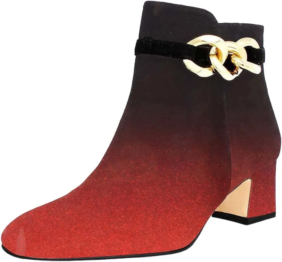 XYD Women Chic Golden Chain Ankle Boots, Mid Low Chunky Block Heel, Closed Round Toe Side Zipper Short Bootie, Casual Daily Winter Shoes for Lady