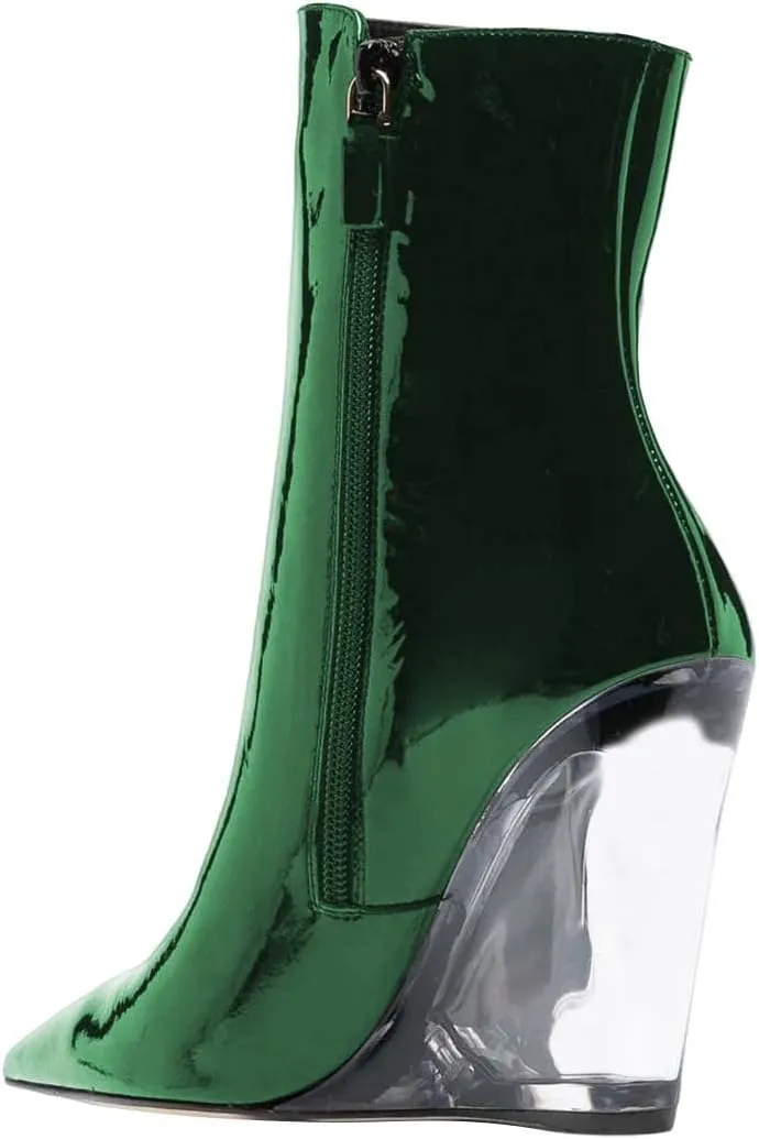 XYD Women Chic High Crystal Wedge Heel Ankle Boots Side Zip Closed Pointed Toe Short Bootie Winter Fall Outdoor Dress Shoes