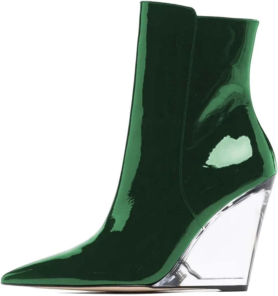 XYD Women Chic High Crystal Wedge Heel Ankle Boots Side Zip Closed Pointed Toe Short Bootie Winter Fall Outdoor Dress Shoes