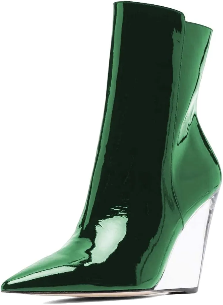 XYD Women Chic High Crystal Wedge Heel Ankle Boots Side Zip Closed Pointed Toe Short Bootie Winter Fall Outdoor Dress Shoes