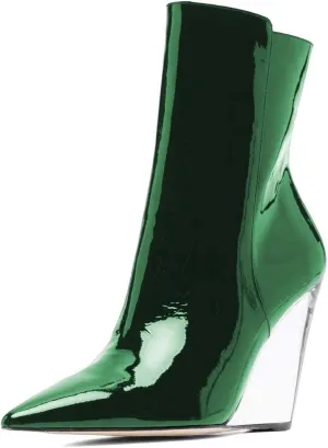 XYD Women Chic High Crystal Wedge Heel Ankle Boots Side Zip Closed Pointed Toe Short Bootie Winter Fall Outdoor Dress Shoes