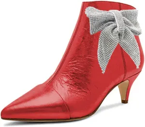 XYD Women Chic Low Kitten Heels Ankle Boots with Side Crystal Bowknot Pointed Cap Toe Zip Up Dress Booties Shoes