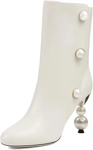 XYD Women Chic Pearl Closed Round Toe Ankle Boots Pull On High Heel Mid Calf Short Bootie Evening Party Event Dress Shoes