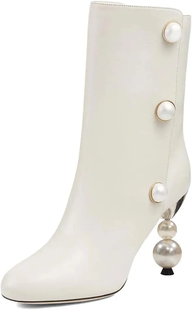 XYD Women Chic Pearl Closed Round Toe Ankle Boots Pull On High Heel Mid Calf Short Bootie Evening Party Event Dress Shoes