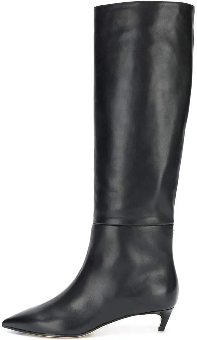XYD Women Chic Pointy Toe Glitter Knee High Boots Kitten Low Heel Pull On Sequins Sparkly Booties with Side Zipper Dress Shoes