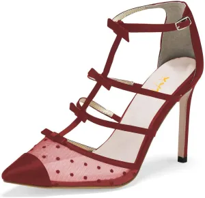 XYD Women Chic Polka Dots Pointed Toe Heeled Sandals Crossover T-strap with Bowtie High Heels Mesh Wedding Party Pumps Shoes