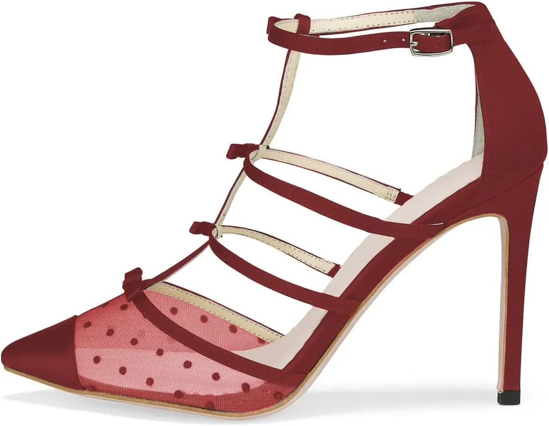 XYD Women Chic Polka Dots Pointed Toe Heeled Sandals Crossover T-strap with Bowtie High Heels Mesh Wedding Party Pumps Shoes