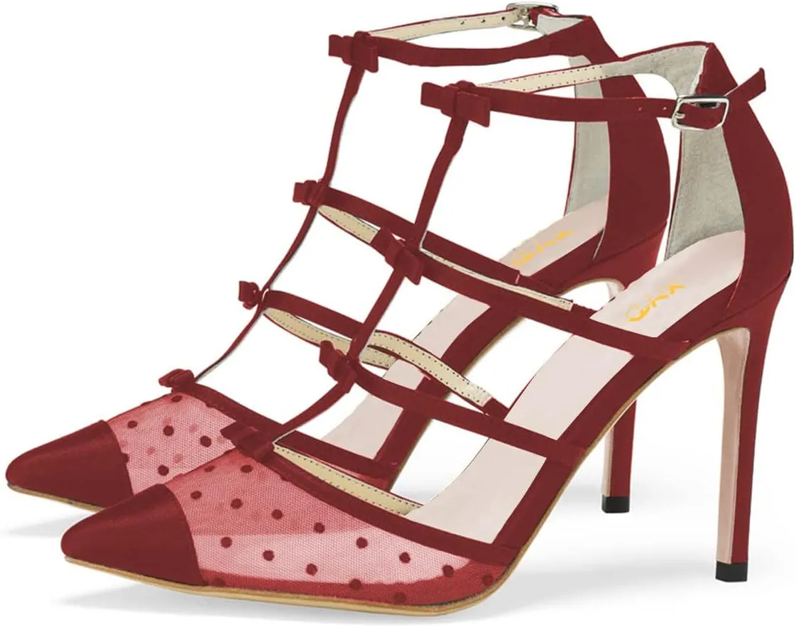XYD Women Chic Polka Dots Pointed Toe Heeled Sandals Crossover T-strap with Bowtie High Heels Mesh Wedding Party Pumps Shoes