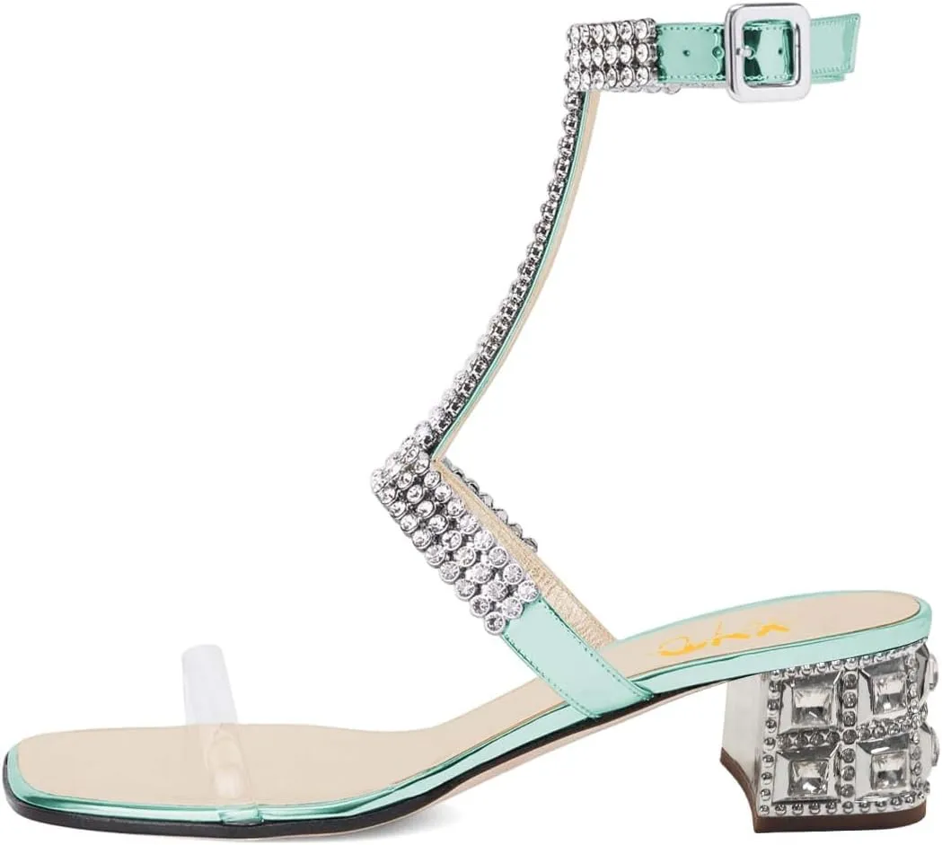 XYD Women Comfy T-Strap Rhinestones Buckled Sandals Mid Low Chunky Heel Open Toe Wedding Party Dress Chic Shoes
