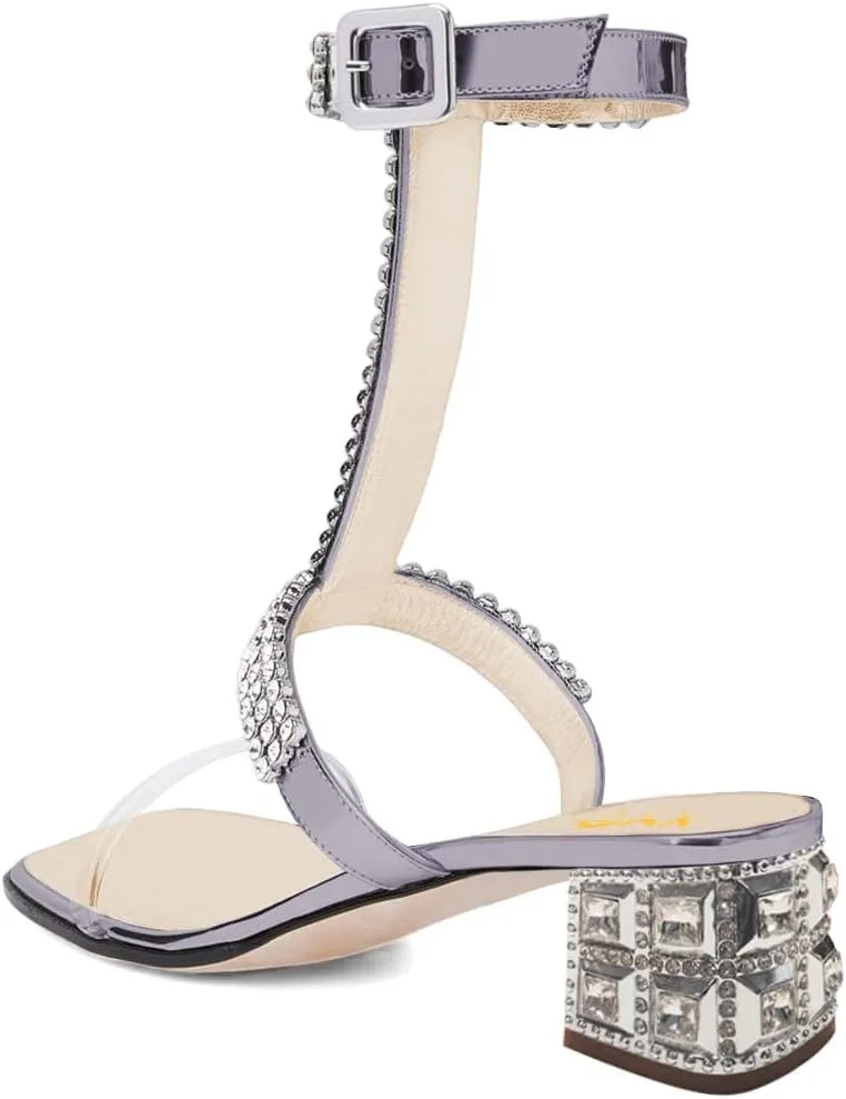 XYD Women Comfy T-Strap Rhinestones Buckled Sandals Mid Low Chunky Heel Open Toe Wedding Party Dress Chic Shoes