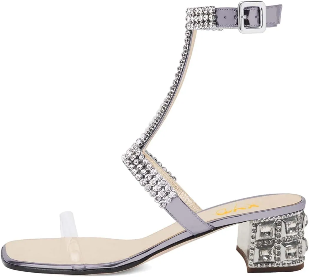 XYD Women Comfy T-Strap Rhinestones Buckled Sandals Mid Low Chunky Heel Open Toe Wedding Party Dress Chic Shoes