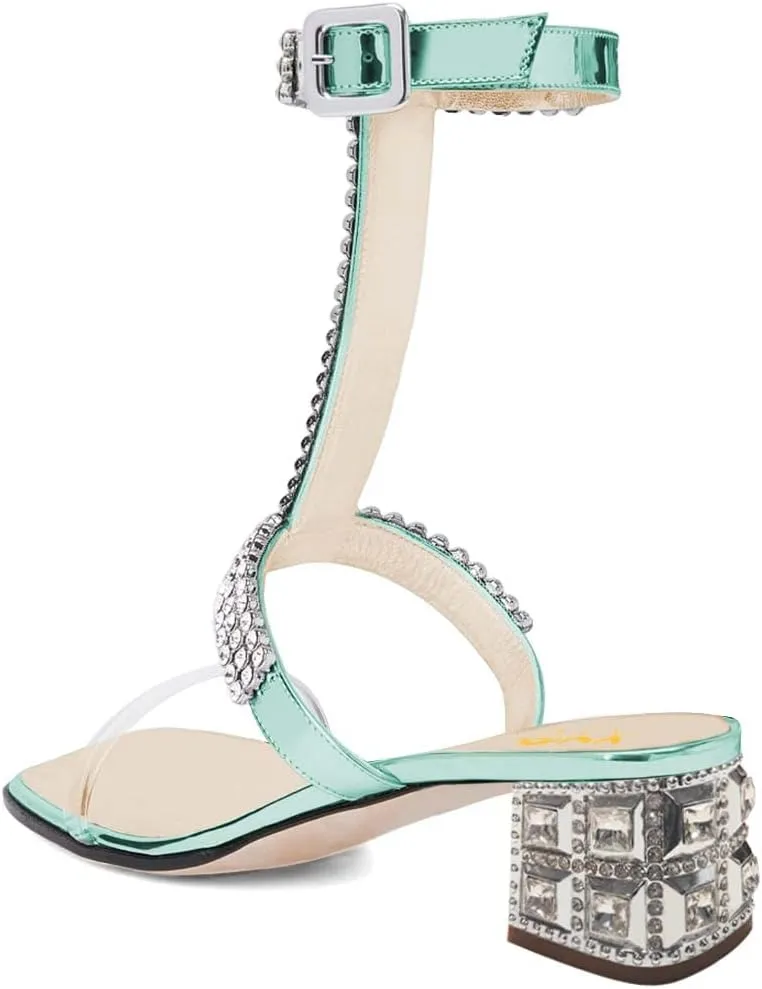 XYD Women Comfy T-Strap Rhinestones Buckled Sandals Mid Low Chunky Heel Open Toe Wedding Party Dress Chic Shoes