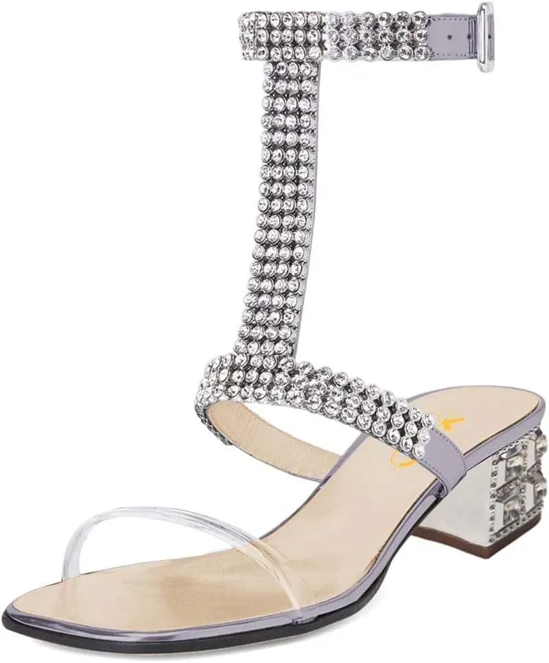 XYD Women Comfy T-Strap Rhinestones Buckled Sandals Mid Low Chunky Heel Open Toe Wedding Party Dress Chic Shoes