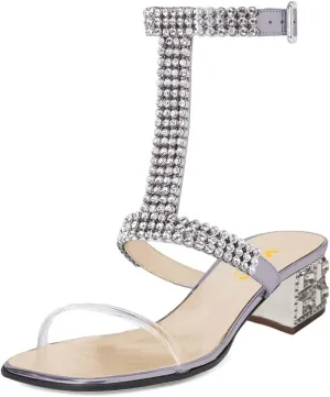 XYD Women Comfy T-Strap Rhinestones Buckled Sandals Mid Low Chunky Heel Open Toe Wedding Party Dress Chic Shoes