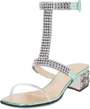 XYD Women Comfy T-Strap Rhinestones Buckled Sandals Mid Low Chunky Heel Open Toe Wedding Party Dress Chic Shoes